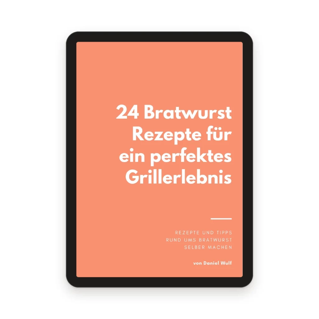 E-Book „24 Bratwurst Rezepte für ein perfektes Grillerlebnis“ als PDF, Titelseite auf einem Tablet.