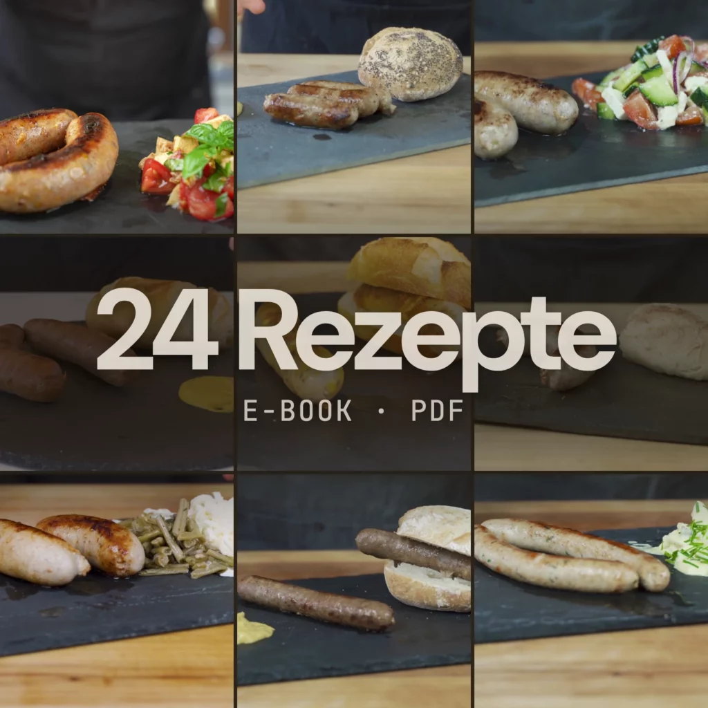 24 Bratwurst-Rezepte im E-Book, dazu 6 Grillsaucen als Bonus. Im Bild: Caprese Bratwurst, Nürnberger Rostbratwürste, Lauchige Loukaniko, Krakauer, Jalapeno Cheddar Bratwurst, Wildbratwurst, Kalbsbratwurst, Rindsbratwurst, Truthahn Bratwurst.