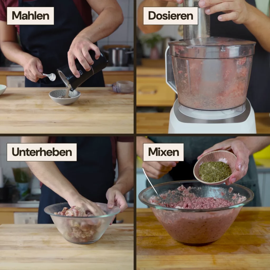 Standbilder aus Daniels Videos: Gewürze mahlen, dosieren, unterheben und mit dem Brät mixen.