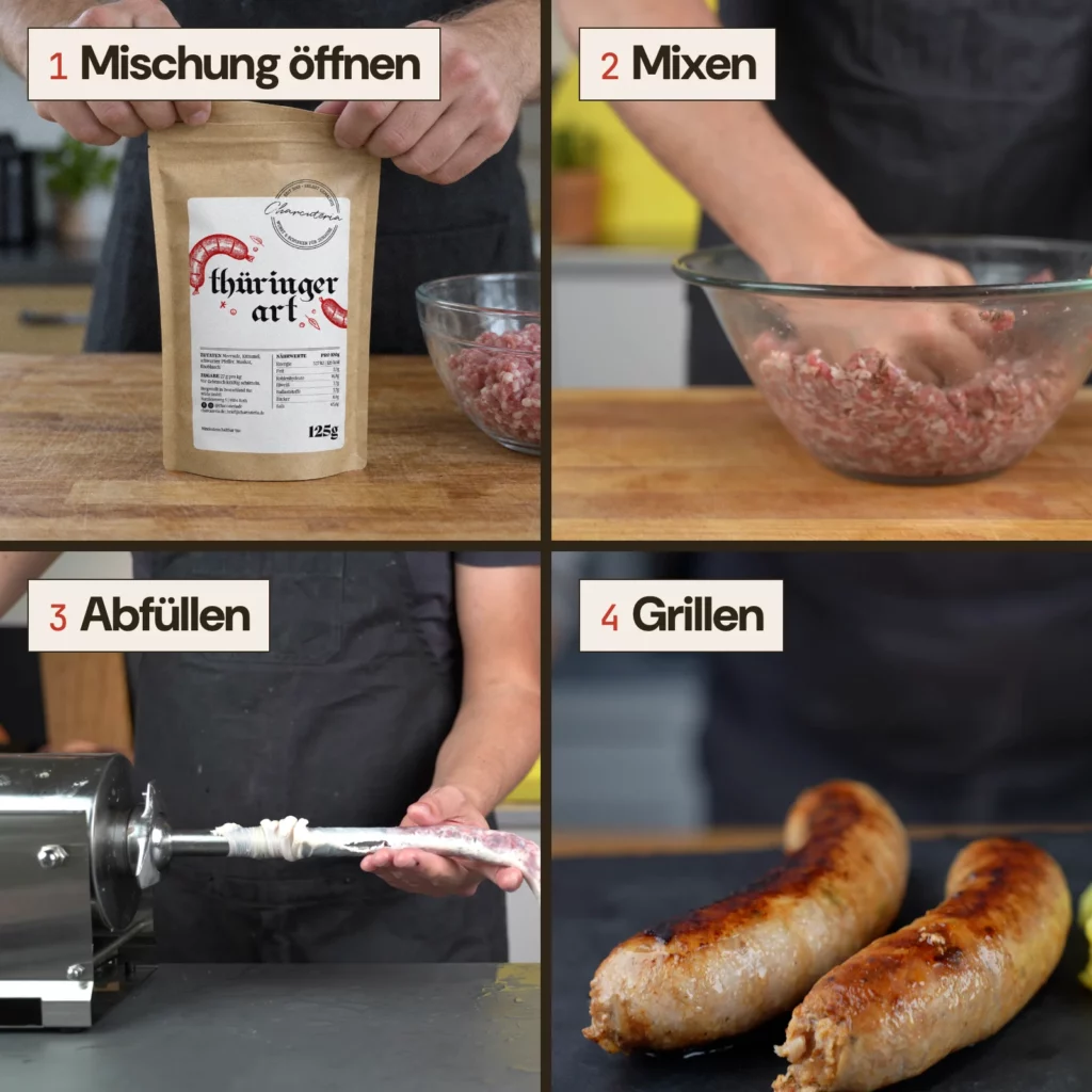 Vier Schritte mit thüringer art: 1 Mischung öffnen, 2 mit dem Fleisch mixen, 3 in den Darm abfüllen, 4 grillen.