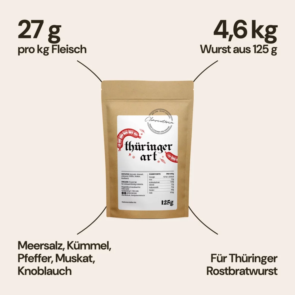 Dosierung thüringer art: 27 g pro kg Fleisch. Eine Packung mit 125 g reicht für 4,6 kg Wurst. Zutaten: Meersalz, Kümmel, schwarzer Pfeffer, Muskat, Knoblauch. Für Thüringer Rostbratwurst.