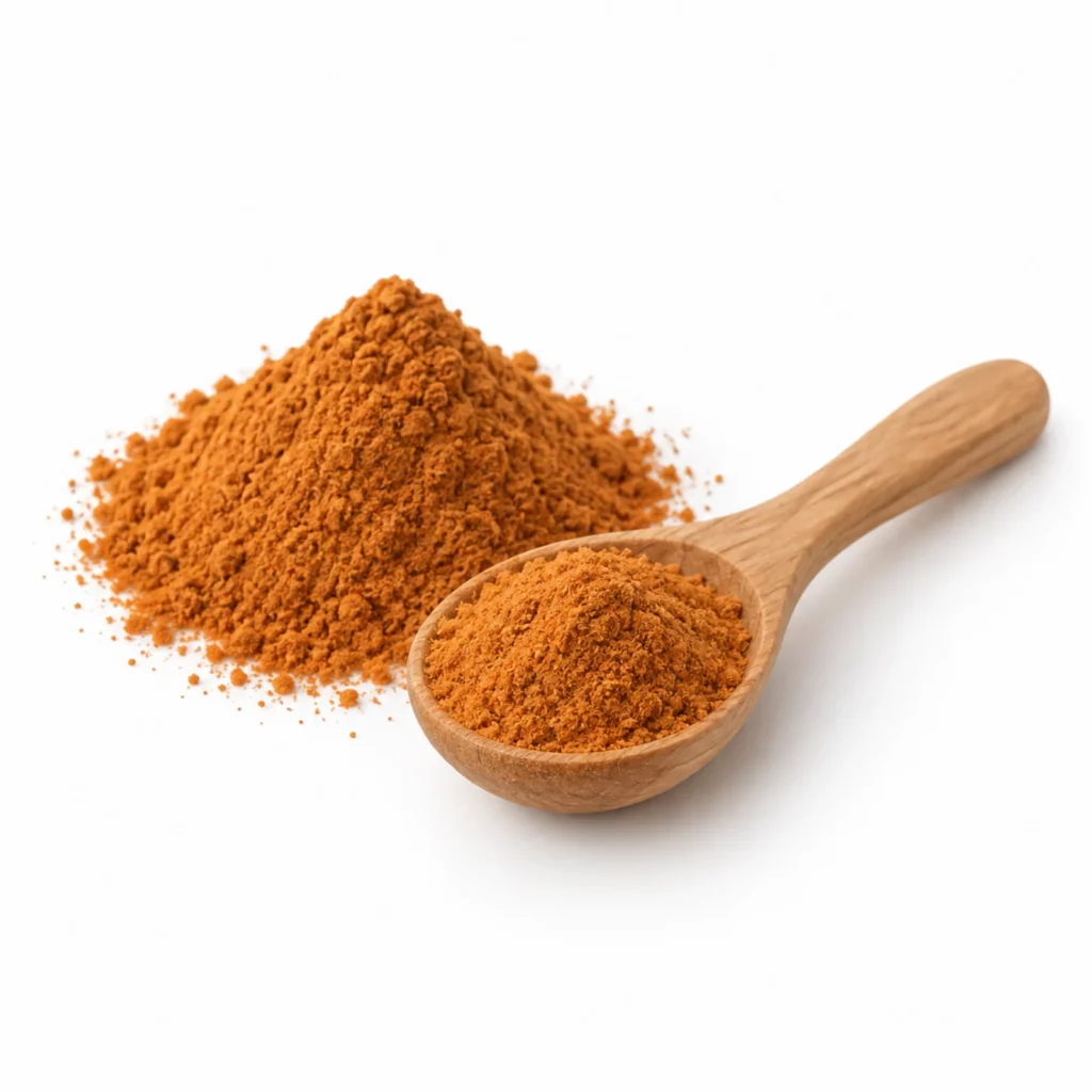 Gemahlene Macis (Muskatblüte), orangebraunes Pulver, als Häufchen und im Holzlöffel.