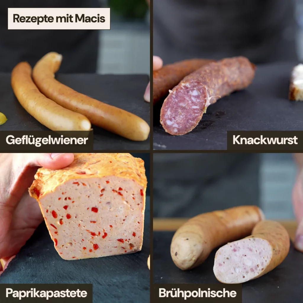 Vier Würste aus Daniels Rezepten, die Macis enthalten: Geflügelwiener (1 g pro kg), Thüringer Knackwurst (0,5 g), Paprikapastete (2,5 g) und Brühpolnische (1 g).