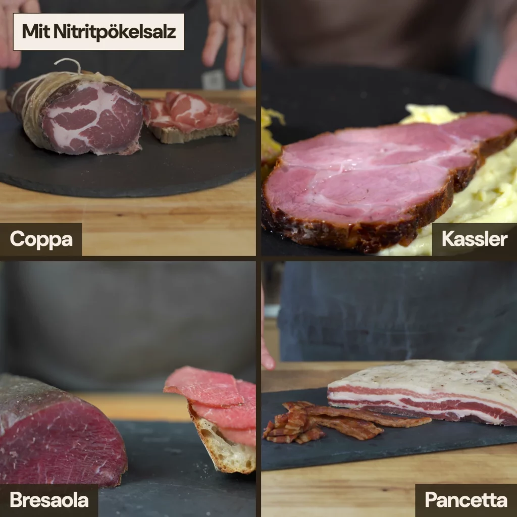 Vier Rezepte von Daniel mit Nitritpökelsalz: Coppa, Kassler, Bresaola und Pancetta, alle aus dem Schinkenbuch.