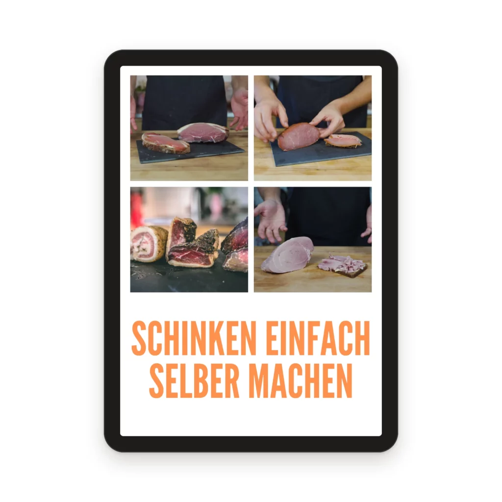 E-Book „Schinken einfach selber machen“ als PDF, Titelseite auf einem Tablet.
