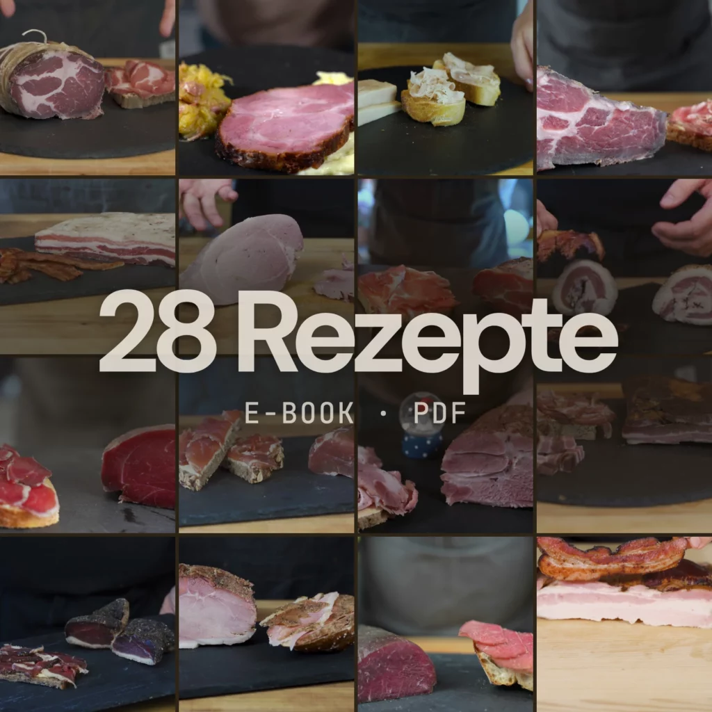 28 Rezepte im E-Book: 23 Rohschinken, darunter Milder Filetschinken, Lardo, Coppa, Pancetta, Bresaola, Guanciale und Schinken Schwarzwälder Art, und 5 Kochschinken im Bonuskapitel: Klassischer Kochschinken, Kassler, Backschinken, Geräucherter Kochschinken, Corned Beef und Pastrami. Im Bild: Coppa, Kassler, Lardo, Rotweinschinken, Pancetta, Klassischer Kochschinken, Whiskeyschinken, Guanciale, Wildschweinschinken, Milder Filetschinken, Weihnachtsschinken, Schinkenspeck, Entenschinken, Backschinken, Bresaola, Bacon.