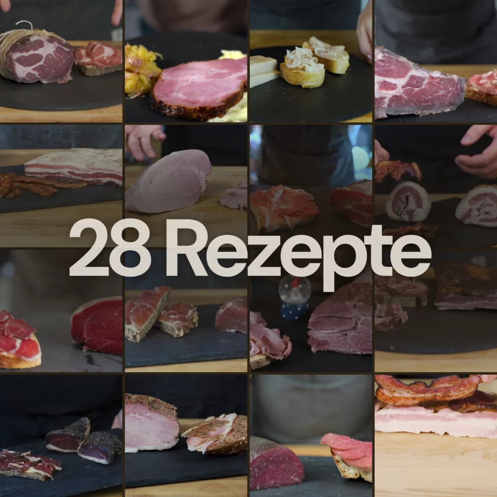 28 Rezepte im Schinkenbuch: 23 Rohschinken, darunter Milder Filetschinken, Lardo, Coppa, Pancetta, Bresaola, Guanciale und Schinken Schwarzwälder Art, und 5 Kochschinken im Bonuskapitel: Klassischer Kochschinken, Kassler, Backschinken, Geräucherter Kochschinken, Corned Beef und Pastrami. Im Bild: Coppa, Kassler, Lardo, Rotweinschinken, Pancetta, Klassischer Kochschinken, Whiskeyschinken, Guanciale, Wildschweinschinken, Milder Filetschinken, Weihnachtsschinken, Schinkenspeck, Entenschinken, Backschinken, Bresaola, Bacon.