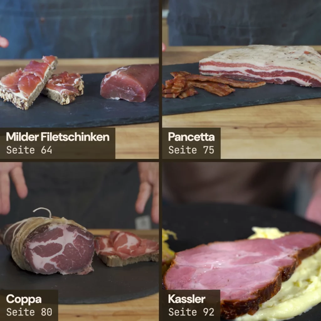 Vier Schinken aus dem Schinkenbuch: Milder Filetschinken (Seite 64), Pancetta (Seite 75), Coppa (Seite 80), Kassler (Seite 92).