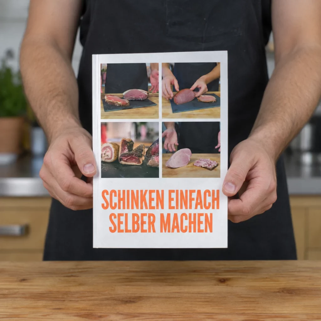 Hände halten das Schinkenbuch – so groß ist das gedruckte Buch.