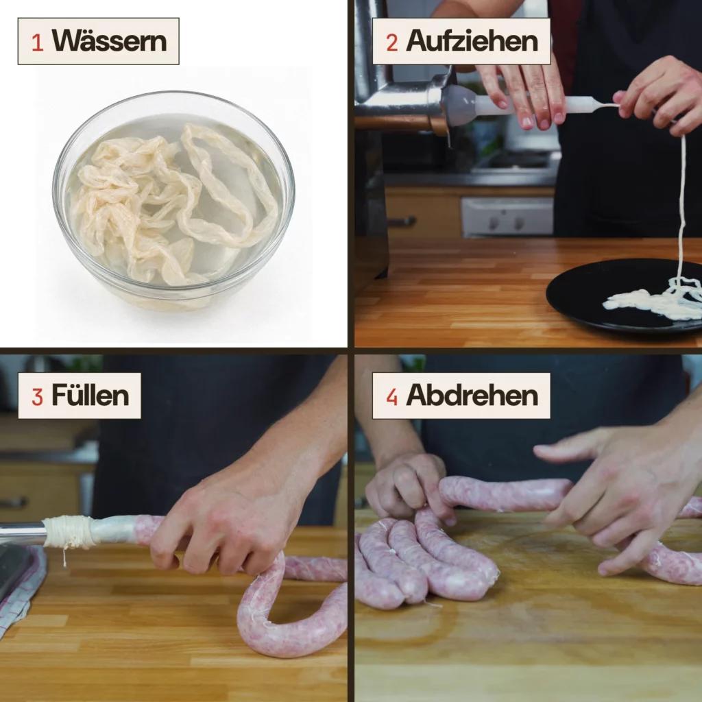 Vier Schritte: 1 Darm wässern, 2 auf das Füllrohr aufziehen, 3 füllen, 4 abdrehen.