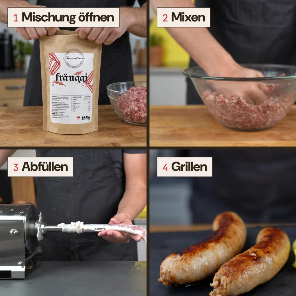 Vier Schritte mit dem Set: 1 Gewürzmischung öffnen, 2 mit dem Fleisch mixen, 3 in den Darm abfüllen, 4 grillen.