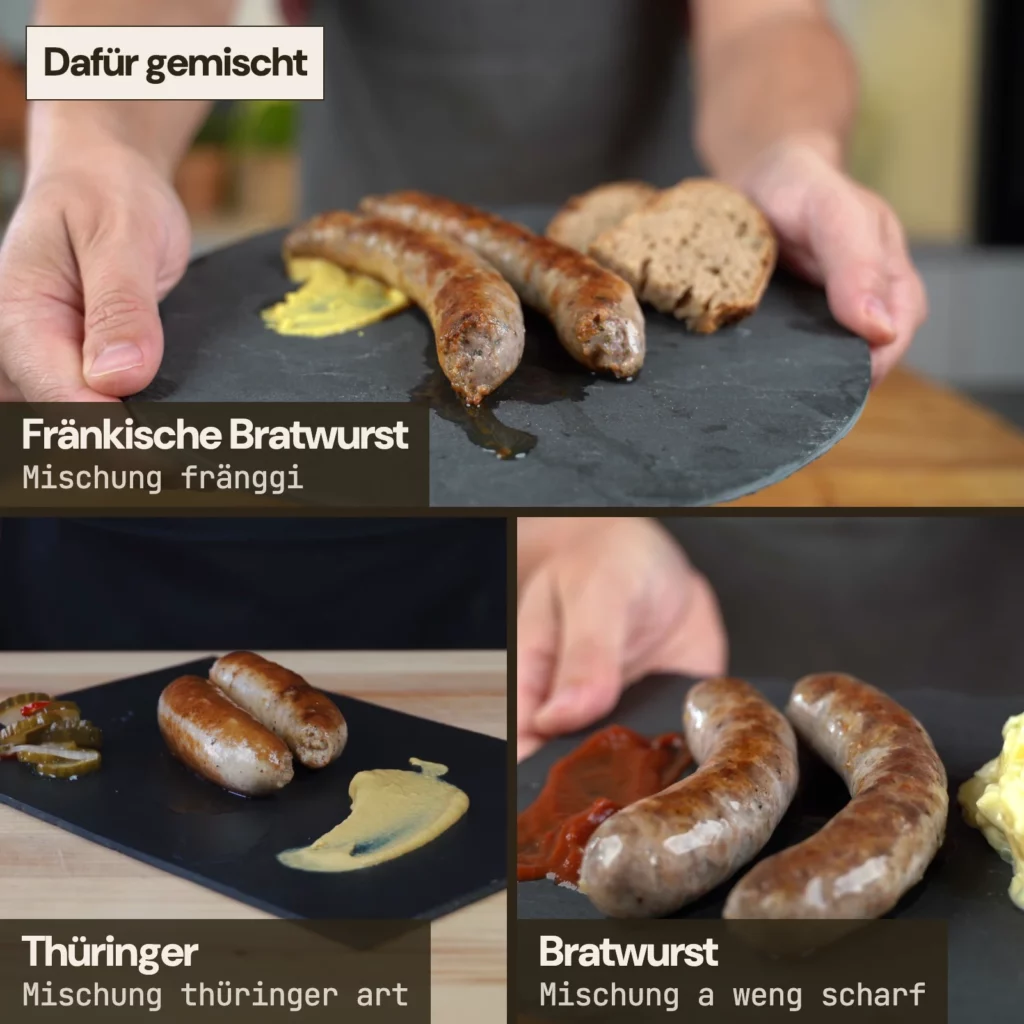 Wofür die drei Mischungen gedacht sind: fränggi für fränkische Bratwurst, thüringer art für Thüringer Rostbratwurst, a weng scharf für Bratwurst mit milder Schärfe.