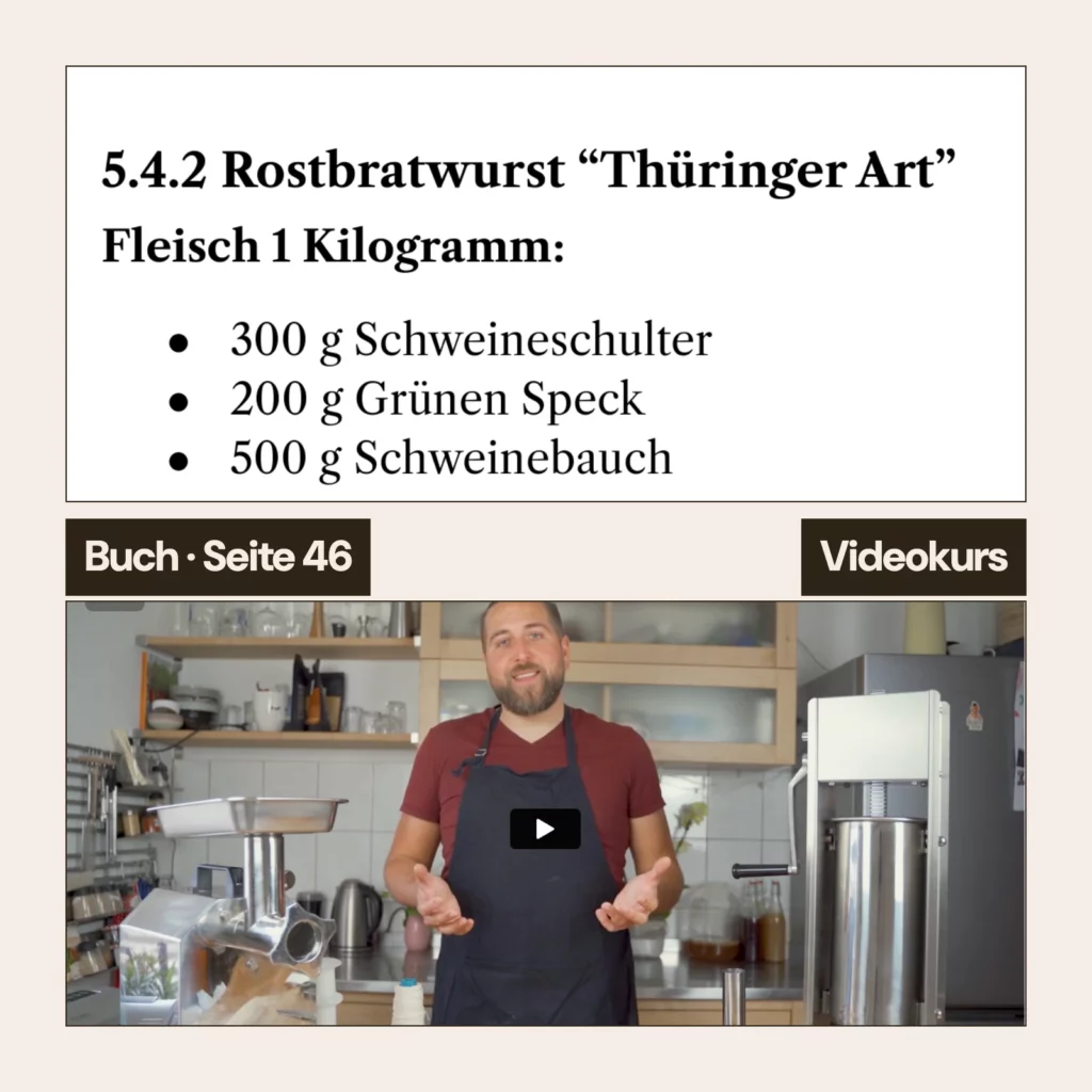 Blick ins Buch: Rezept Rostbratwurst Thüringer Art auf Seite 46. Darunter der Videokurs mit Daniel in seiner Küche.