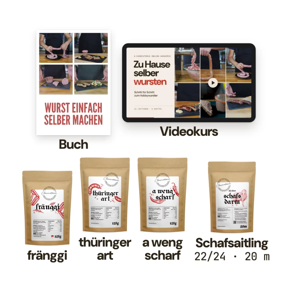 Das ist im Set: Buch, Videokurs, die Gewürzmischungen fränggi, thüringer art und a weng scharf, Schafsaitling Kaliber 22/24, 20 m.
