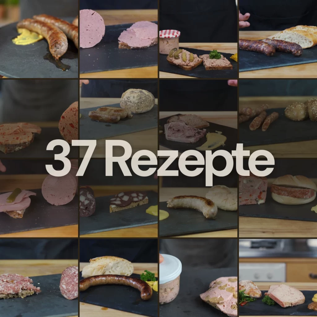 37 Rezepte im Wurstbuch: 6 Bratwurst, 10 Brühwurst, 6 Kochwurst, 6 Rohwurst, 5 Patés, Rillettes und Terrinen, 4 Räucherwurst-Rezepte im Bonuskapitel Räuchern. Im Bild: Fränkische Bratwurst, Schinkenwurst, Leberwurst, Chorizo, Paprikawurst, Nürnberger, Country Paté, Salami Sticks, Bierschinken, Blutwurst, Salsiccia, Pizzaleberkäse, Mettwurst, Merguez, Champignonwurst, Leberkäse.