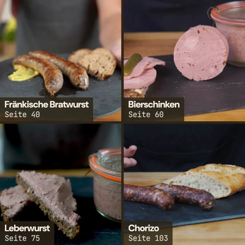 Vier Würste aus dem Wurstbuch: Fränkische Bratwurst (Seite 40), Bierschinken (Seite 60), Leberwurst (Seite 75), Chorizo (Seite 103).