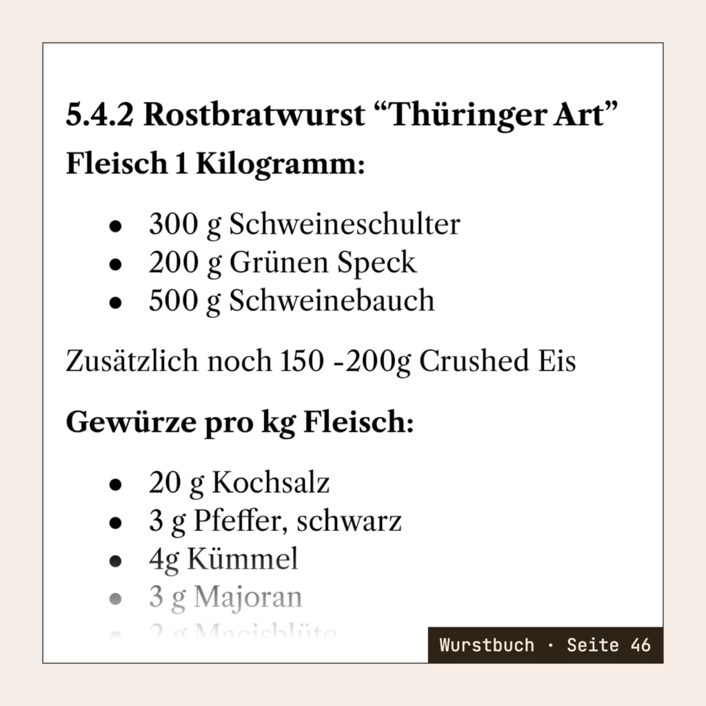 Rezeptseite aus dem Wurstbuch, Seite 46: Rostbratwurst Thüringer Art mit Fleisch für 1 Kilogramm (300 g Schweineschulter, 200 g grüner Speck, 500 g Schweinebauch) und Gewürzen pro kg Fleisch.
