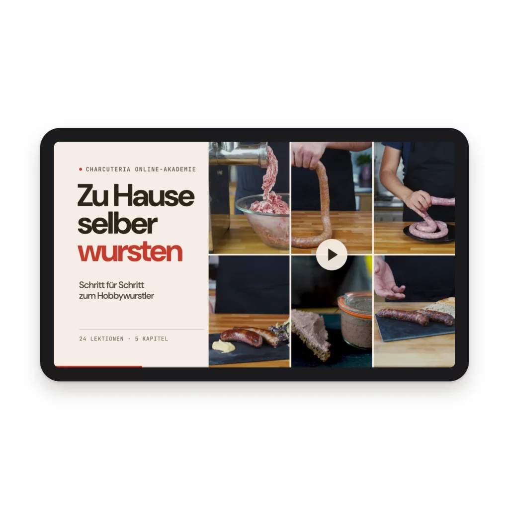 Der Online-Videokurs „Zu Hause selber wursten“ der Charcuteria Online-Akademie auf dem Tablet: 24 Lektionen in 5 Kapiteln.