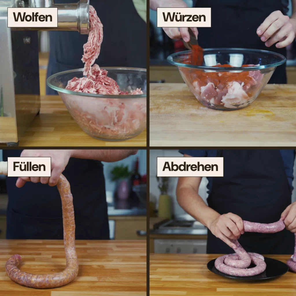 Standbilder aus Daniels Videos: Fleisch wolfen, würzen, in den Darm füllen, Bratwurst abdrehen.