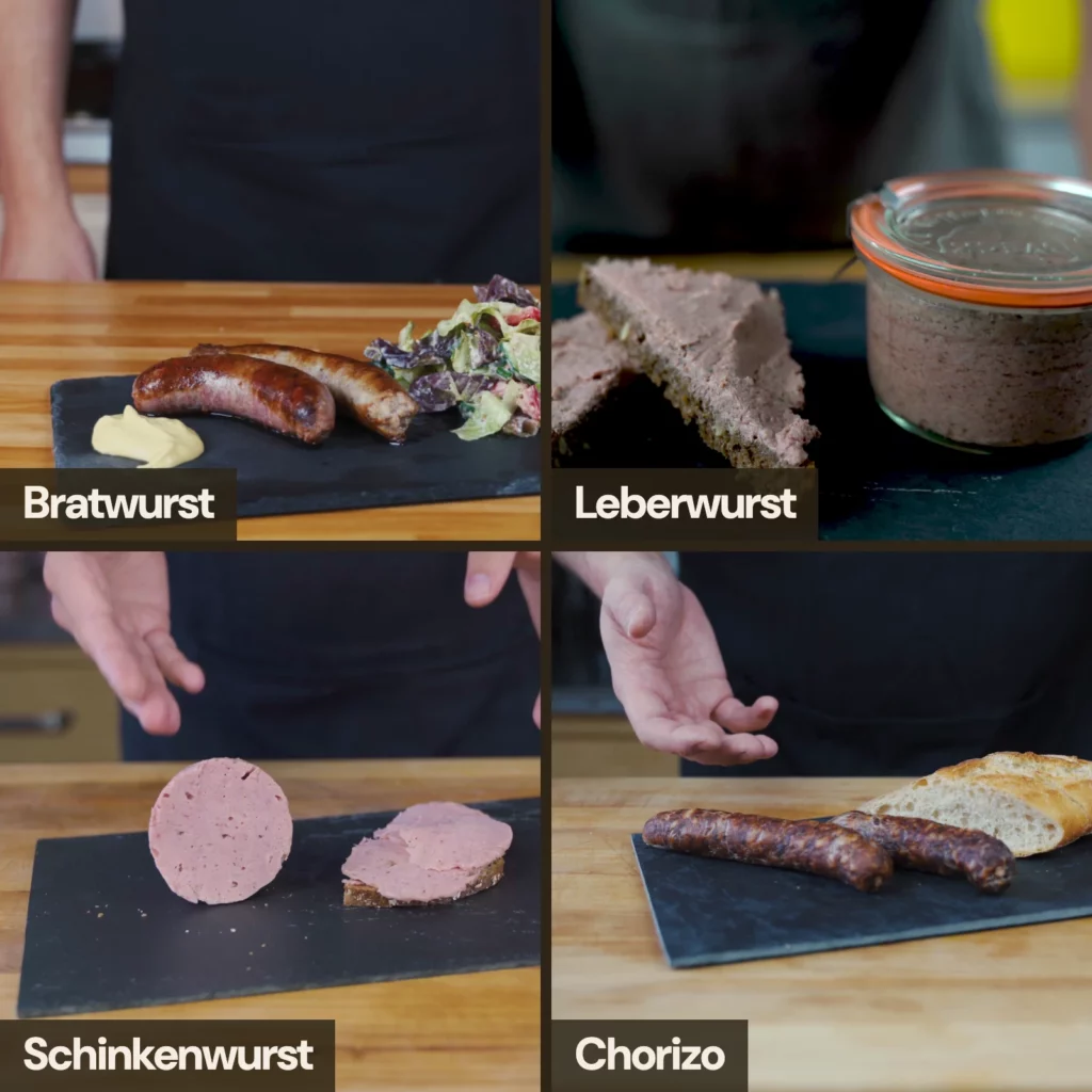 Diese vier Würste machst du im Kurs: Bratwurst, Leberwurst, Schinkenwurst und Chorizo.